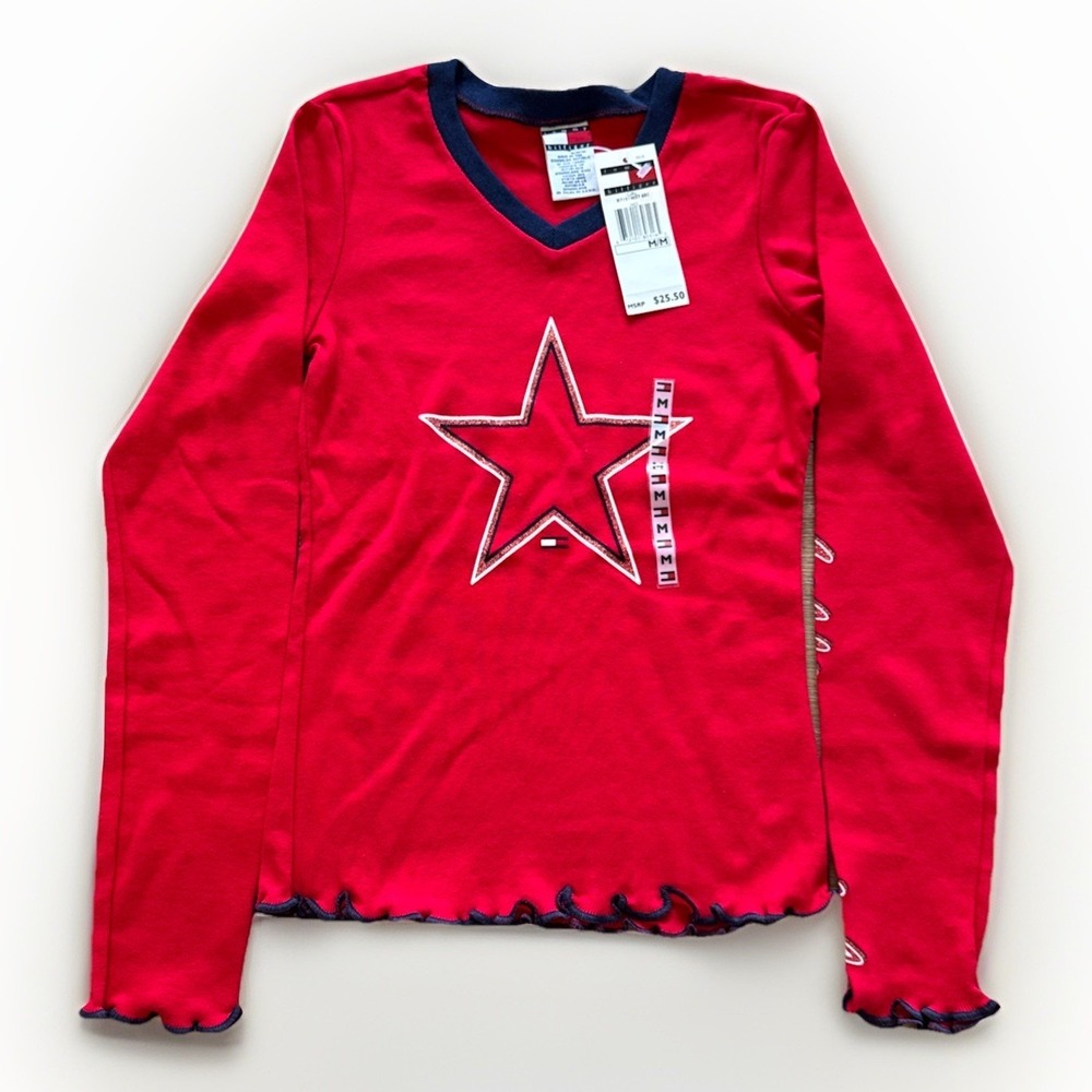 Vintage Tommy Hilfiger Girls Shirt Youth M Red Cotton Star Logo Glitter Y2K